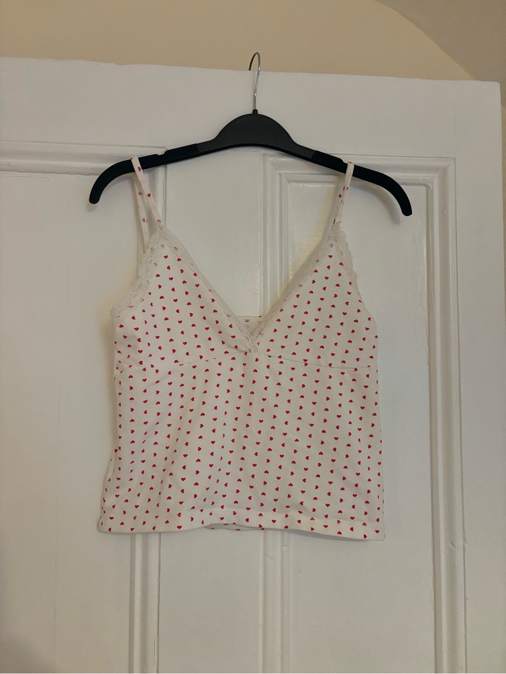 Brandy Melville White Cami with Red Heart Print and Lace Trim